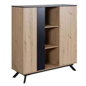 Highboard 110x125x40 cm MDF Sideboard in Eiche-Dekor / Schwarz | Kommode mit 2 Türen | Kommodenschrank mit Regal | Flurschrank Modern | Standschrank Anrichte mit Metallbeine