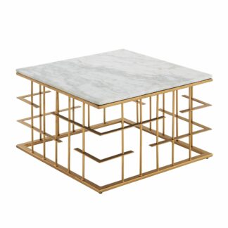 Couchtisch Echter Marmor Weiß 55x55x35 cm Sofatisch Metall Gold | Design Wohnzimmertisch Quadratisch | Kleiner Kaffeetisch Modern Eckig | Beistelltisch Anstelltisch Wohnzimmer