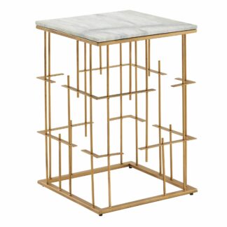 Beistelltisch Echter Marmor Weiß 40x40x61 cm Anstelltisch Metall Gold | Kleiner Sofatisch Eckig | Wohnzimmertisch Couch Modern | Couchtisch Hoch Quadratisch