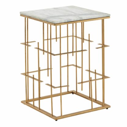 Beistelltisch Echter Marmor Weiß 40x40x61 cm Anstelltisch Metall Gold | Kleiner Sofatisch Eckig | Wohnzimmertisch Couch Modern | Couchtisch Hoch Quadratisch