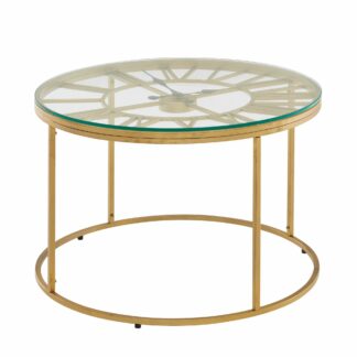 Couchtisch Glas Metall 60x60x43 cm Sofatisch Gold mit Deko-Uhr | Design Wohnzimmertisch Rund | Kleiner Kaffeetisch Modern | Beistelltisch Anstelltisch Wohnzimmer