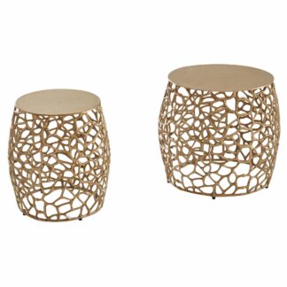Beistelltisch 2er Set Aluminium Gold Design Satztisch Metall Rund | Wohnzimmertisch Couchtisch Ast-Struktur Modern | Sofatisch 2-teilig Wohnzimmer