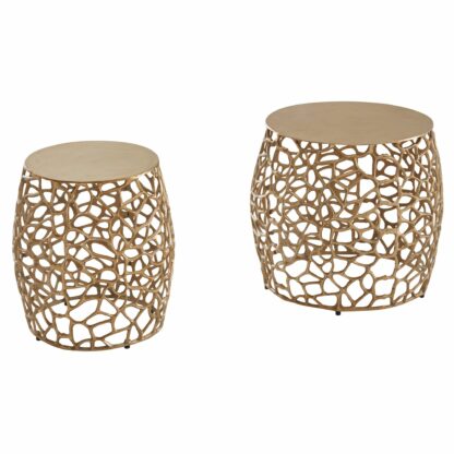 Beistelltisch 2er Set Aluminium Gold Design Satztisch Metall Rund | Wohnzimmertisch Couchtisch Ast-Struktur Modern | Sofatisch 2-teilig Wohnzimmer