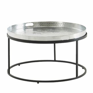 Couchtisch Hammerschlag Metall 62x62x36 cm Sofatisch Aluminium Silber Schwarz | Design Wohnzimmertisch abnehmbares Tablett Rund | Tabletttisch Wohnzimmer | Beistelltisch Modern