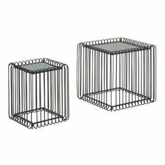 Beistelltisch 2er Set Schwarz Design Satztisch Glas Metall Eckig | Wohnzimmertisch Couchtisch Modern | Sofatisch 2-teilig Wohnzimmer Quadratisch | Korbtisch abnehmbare Tischplatte