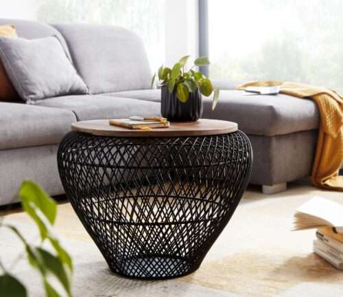 Couchtisch Mango Massivholz Metall 60x60x45 cm Schwarz Rund mit Stauraum – Bild 3