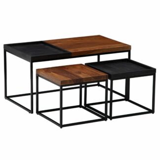 Couchtisch 3er Set Sheesham Massivholz / Metall Wohnzimmertisch Eckig | Satztisch Holztisch Massiv Braun / Schwarz Modern | Sofatisch Tischset 3-teilig Wohnzimmer Holz