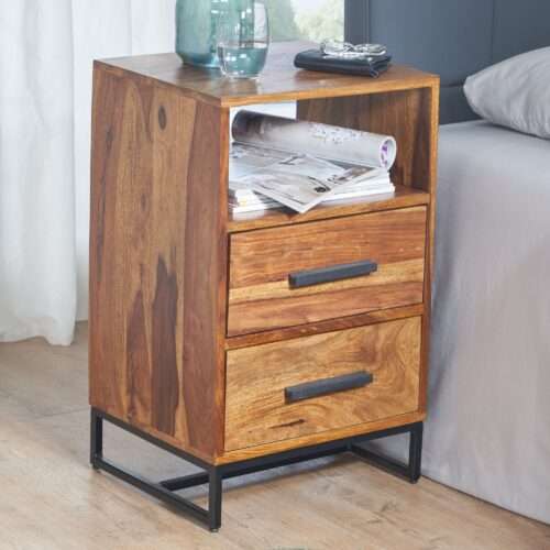 Nachttisch Sheesham Massivholz / Metall 40x35x66 cm Nachtschrank Boxspringbett Design Nachtkonsole – Bild 2