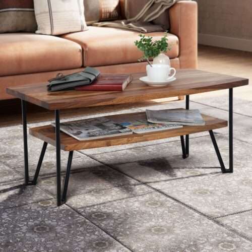 Couchtisch 90x50x40 cm Sheesham Massivholz / Metall Sofatisch Rechteckig Design Wohnzimmertisch – Bild 2