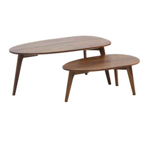 Design Couchtisch 2er Set Sheesham Massivholz Wohnzimmertisch Braun | Satztisch Holztisch Nierenform Kaffeetisch | Retro Tischset 2-teilig Beistelltisch Holz