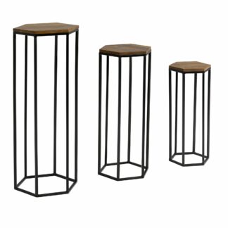 Beistelltisch 3er Set Sheesham Massivholz / Metall Satztisch Sechseckig | Säulentisch Pflanzentisch 3-teilig | Blumenständer Blumentisch Wohnzimmer | Pflanzenhocker Blumenhocker