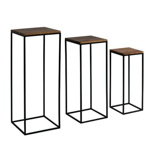 Beistelltisch 3er Set Sheesham Massivholz / Metall Satztisch Quadratisch | Säulentisch Pflanzentisch 3-teilig | Blumenständer Blumentisch Wohnzimmer | Pflanzenhocker Blumenhocker