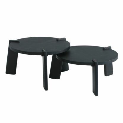 Design Couchtisch 2er Set Mango Massivholz Wohnzimmertisch Schwarz | Satztisch Holztisch Rund Beistelltisch | Tischset 2-teilig Kaffeetisch Holz