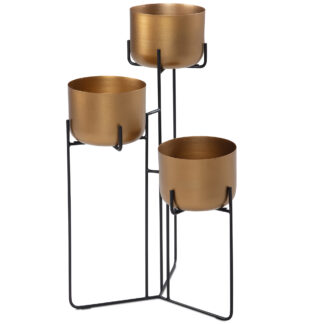Blumenständer Metall Gold / Schwarz 45x80x45 cm Pflanzenständer Stehend | Blumenhocker Freistehend mit 3 Töpfen | Pflanzenregal Blumenregal Groß | Blumentreppe Blumensäule Modern