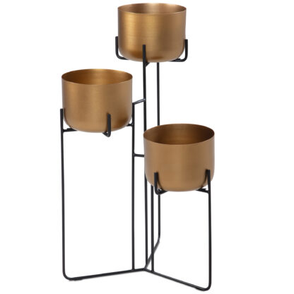 Blumenständer Metall Gold / Schwarz 45x80x45 cm Pflanzenständer Stehend | Blumenhocker Freistehend mit 3 Töpfen | Pflanzenregal Blumenregal Groß | Blumentreppe Blumensäule Modern