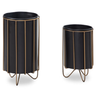 Blumentopf 2er Set Metall Pflanzkübel Schwarz / Gold mit Füßen | Design Pflanzenkübel Rund Indoor | Blumenkübel Pflanzgefäß mit Haarnadelbeine