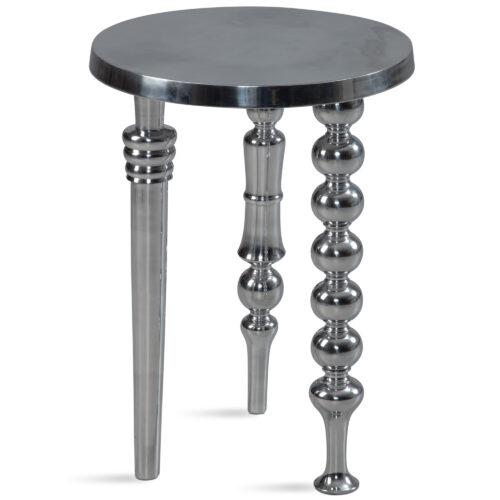 Beistelltisch 44x44x63 cm Aluminium mit drei verschiedenen Beinen | Dreibein Wohnzimmertisch Metall | Dekotisch Rund Silber | Alu-Abstelltisch Modern | Kleiner Tisch Wohnzimmer