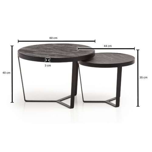 Couchtisch 2er Set Akazie Massivholz / Steinoptik Wohnzimmertisch Rund Satztisch mit Metallgestell – Bild 4