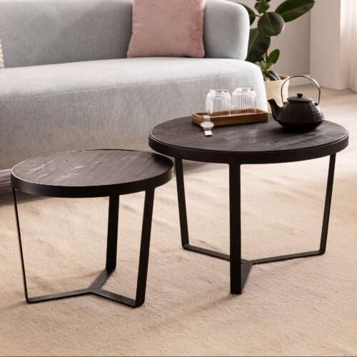 Couchtisch 2er Set Akazie Massivholz / Steinoptik Wohnzimmertisch Rund Satztisch mit Metallgestell – Bild 2