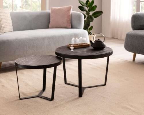 Couchtisch 2er Set Akazie Massivholz / Steinoptik Wohnzimmertisch Rund Satztisch mit Metallgestell – Bild 3