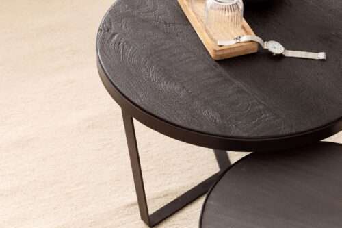 Couchtisch 2er Set Akazie Massivholz / Steinoptik Wohnzimmertisch Rund Satztisch mit Metallgestell – Bild 5