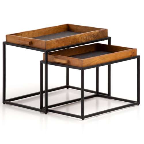 Couchtisch 2er Set Mango Massivholz / Steinoptik Wohnzimmertisch abnehmbares Tablett | Satztisch mit Metallgestell | Tabletttisch Modern | Verschachtelungstisch 2-teilig Braun / Anthrazit