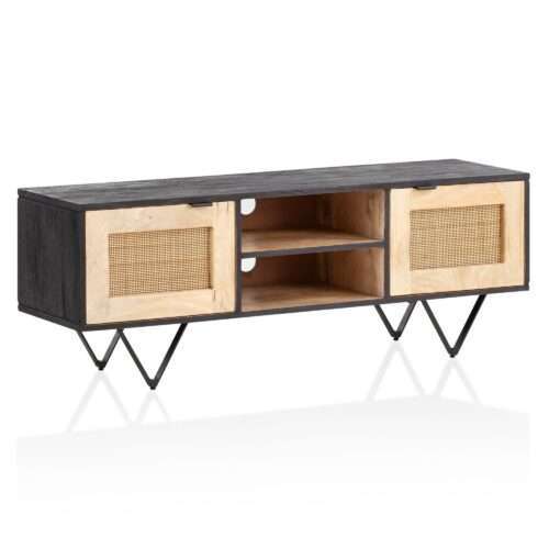 Lowboard Mango Massivholz / Rattan 120x44x35 cm TV-Kommode mit zwei Türen | Design TV-Schrank mit Kabeldurchlass | Fernsehtisch Fernsehschrank Modern | Fernsehkommode Wohnzimmer