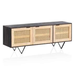 Sideboard 145x55x40 cm Mango Massivholz / Rattan Kommode mit 3 Türen | Niedriger Kommodenschrank Schwarz / Braun | Standschrank Wohnzimmer | Anrichte Rohrgeflecht