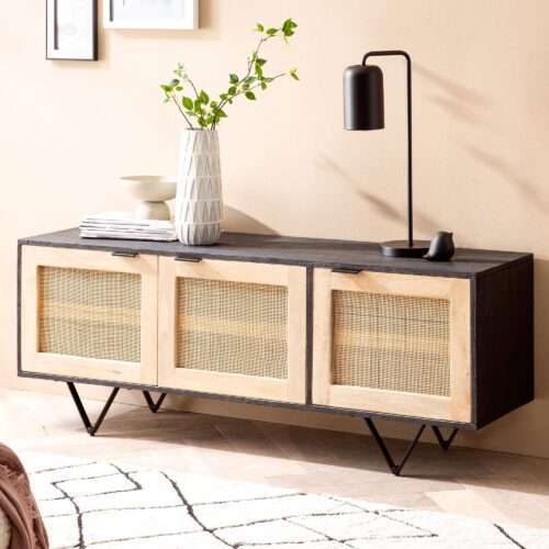 Sideboard 145x55x40 cm Mango Massivholz / Rattan Kommode mit 3 Türen – Bild 2