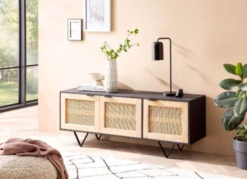 Sideboard 145x55x40 cm Mango Massivholz / Rattan Kommode mit 3 Türen – Bild 3