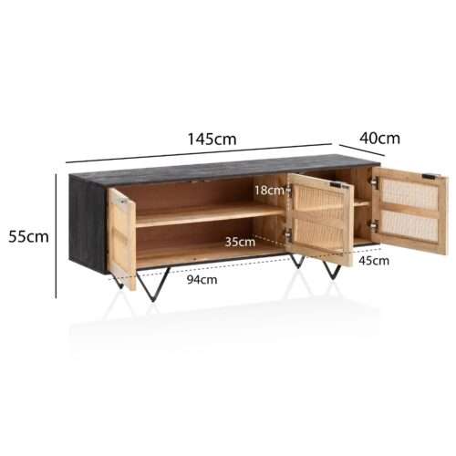 Sideboard 145x55x40 cm Mango Massivholz / Rattan Kommode mit 3 Türen – Bild 4