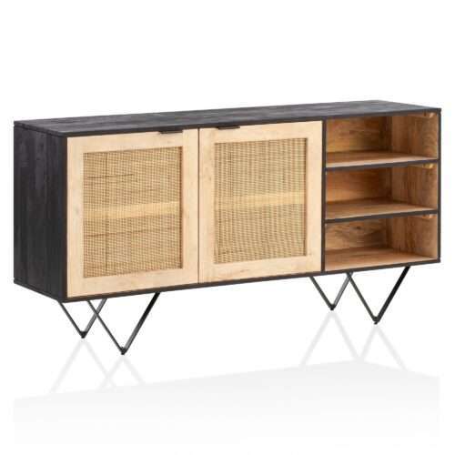 Sideboard 145x75x40 cm Mango Massivholz / Rattan Kommode mit 2 Türen | Hoher Kommodenschrank Schwarz / Braun | Standschrank Wohnzimmer mit Regal | Anrichte Rohrgeflecht