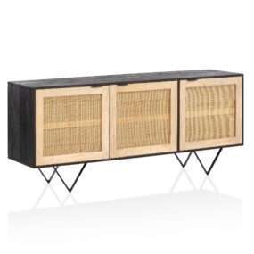 Sideboard 175x75x45 cm Mango Massivholz / Rattan Kommode mit 3 Türen | Hoher Kommodenschrank Schwarz / Braun | Standschrank Wohnzimmer | Anrichte Rohrgeflecht