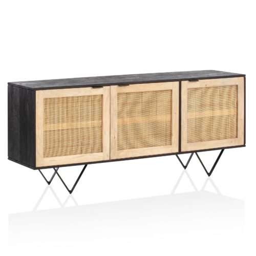 Sideboard 175x75x45 cm Mango Massivholz / Rattan Kommode mit 3 Türen | Hoher Kommodenschrank Schwarz / Braun | Standschrank Wohnzimmer | Anrichte Rohrgeflecht