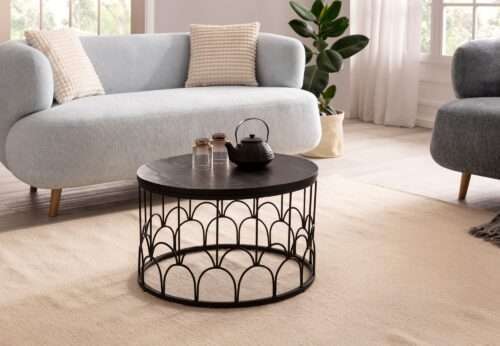 Couchtisch 60x60x36 cm Mango Massivholz / Metall Schwarz Sofatisch Rund Design Wohnzimmertisch – Bild 3
