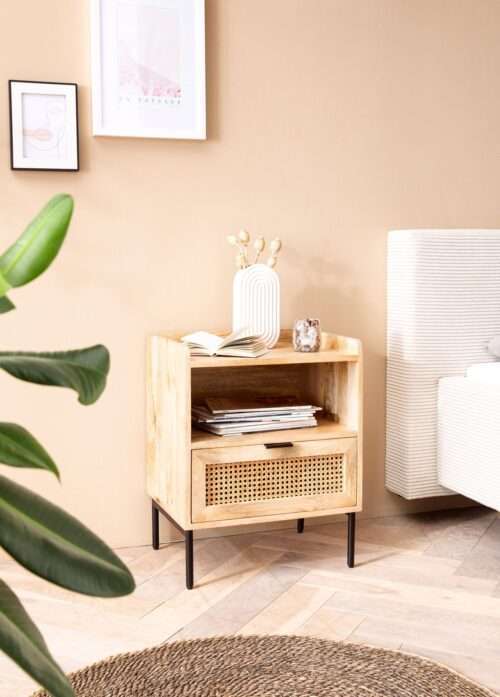 Nachtkonsole Mango Massivholz / Rattan 50x60x40 cm Nachttisch Braun Nachtkommode – Bild 3