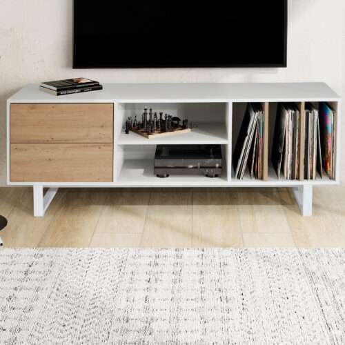 Lowboard Weiß mit Eiche-Dekor 150x55x40 cm TV-Kommode Modern Design TV-Schrank – Bild 6