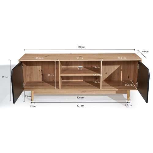 Lowboard Eiche-Dekor Schwarz 150x55x40 cm TV-Kommode Modern Design TV-Schrank Hoch – Bild 4
