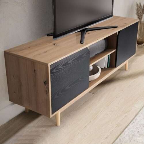 Lowboard Eiche-Dekor Schwarz 150x55x40 cm TV-Kommode Modern Design TV-Schrank Hoch – Bild 6