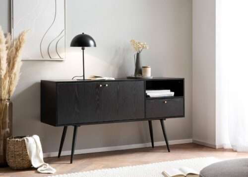 Sideboard 140x75x40 cm Kommode Schwarz mit Eiche-Dekor Zeitlos Hoher Kommodenschrank – Bild 3