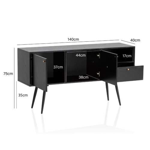 Sideboard 140x75x40 cm Kommode Schwarz mit Eiche-Dekor Zeitlos Hoher Kommodenschrank – Bild 4