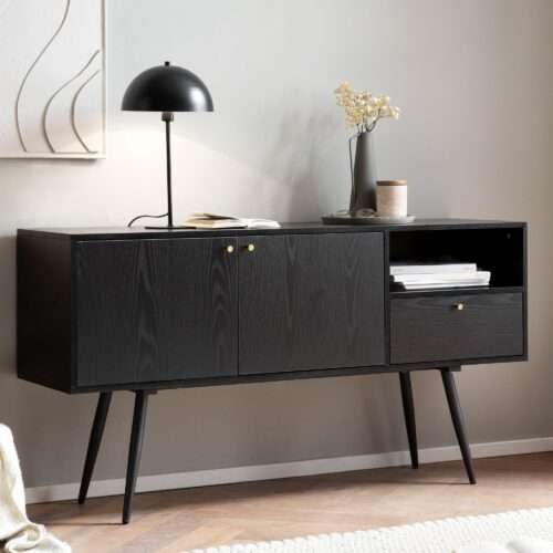 Sideboard 140x75x40 cm Kommode Schwarz mit Eiche-Dekor Zeitlos Hoher Kommodenschrank – Bild 2