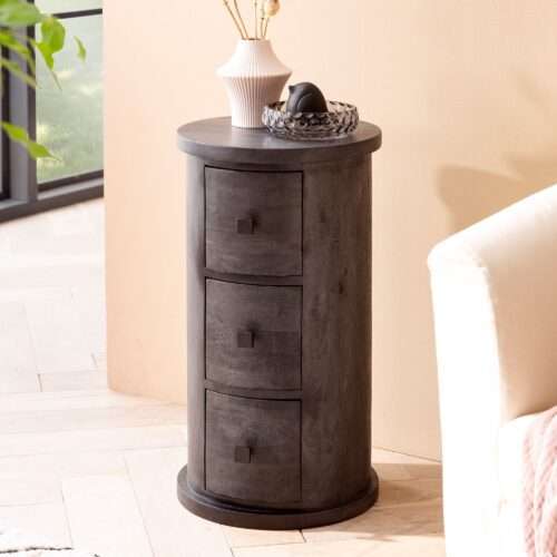 Design Sideboard Mango Massivholz Schwarz 34x65x34 cm Schränkchen mit 3 Schubladen – Bild 2