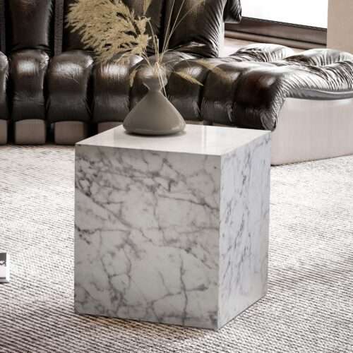 Couchtisch MONOBLOC 40x40x45 cm Weiß Hochglanz mit Marmor Optik Wohnzimmertisch – Bild 2
