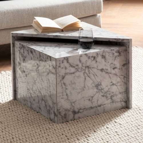 Couchtisch 2er Set MONOBLOC Weiß Hochglanz Sofatisch mit Marmor Optik Design Satztisch – Bild 2