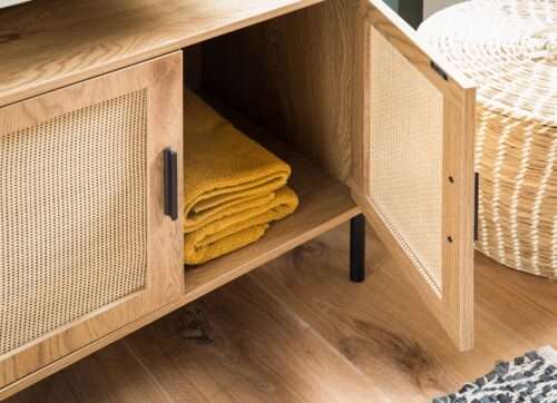 Waschbeckenunterschrank Eiche-Optik 60x60x40 cm mit Türen Badezimmerschrank mit Rattangeflecht – Bild 6