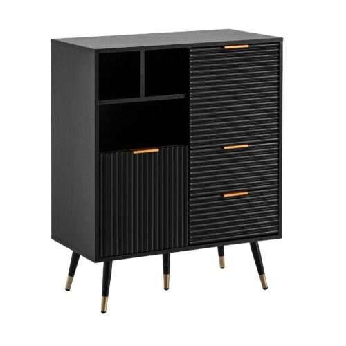 Sideboard 77x97x40 cm Anrichte Schwarz mit Eiche-Dekor Kommode mit Türen – Bild 7