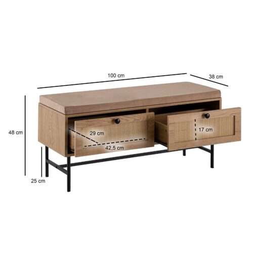 Schuhbank mit Stoff-Sitzfläche 100x48x38 cm Garderobenbank Eiche-Dekor Sitzbank Rattan Klein – Bild 4