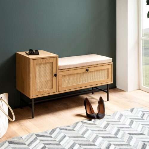 Schuhbank mit Sitzfläche 100x60x38 cm Garderobenbank Eiche-Dekor Sitzbank Rattan Klein – Bild 2
