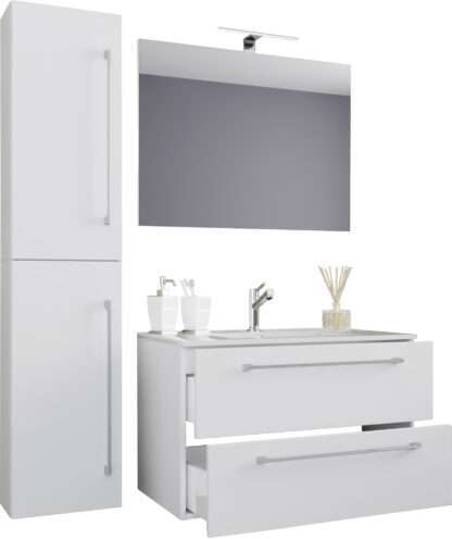 4-tlg. Waschplatz VCM Badinos 2 Schubfächer 80cm Spiegel + Hochschrank